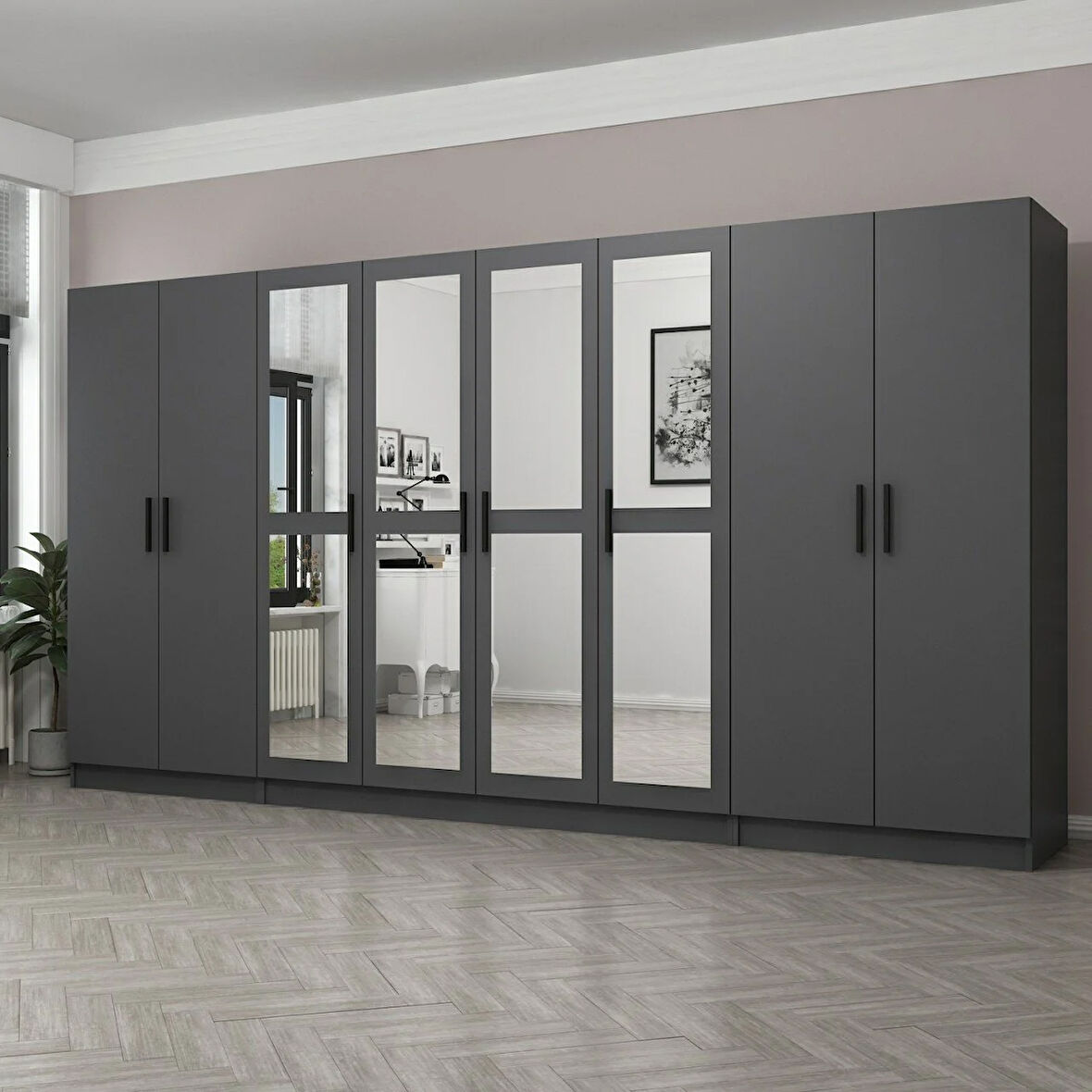 Minar Kale 8 Kapaklı 4 Aynalı 2 Çekmeceli Dolap Antrasit 210CM