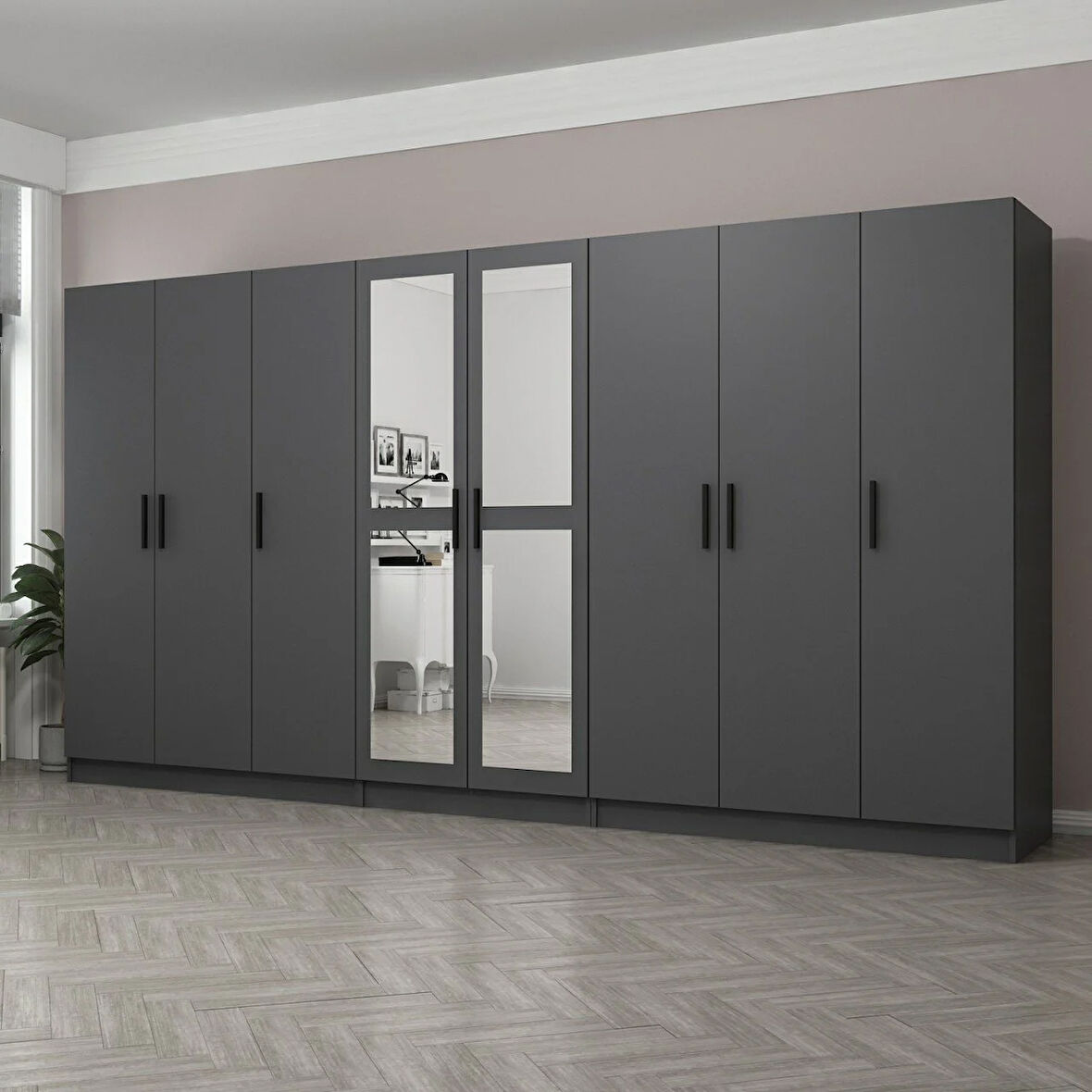 Minar Kale 8 Kapaklı 2 Aynalı 4 Çekmeceli Dolap Antrasit 210CM