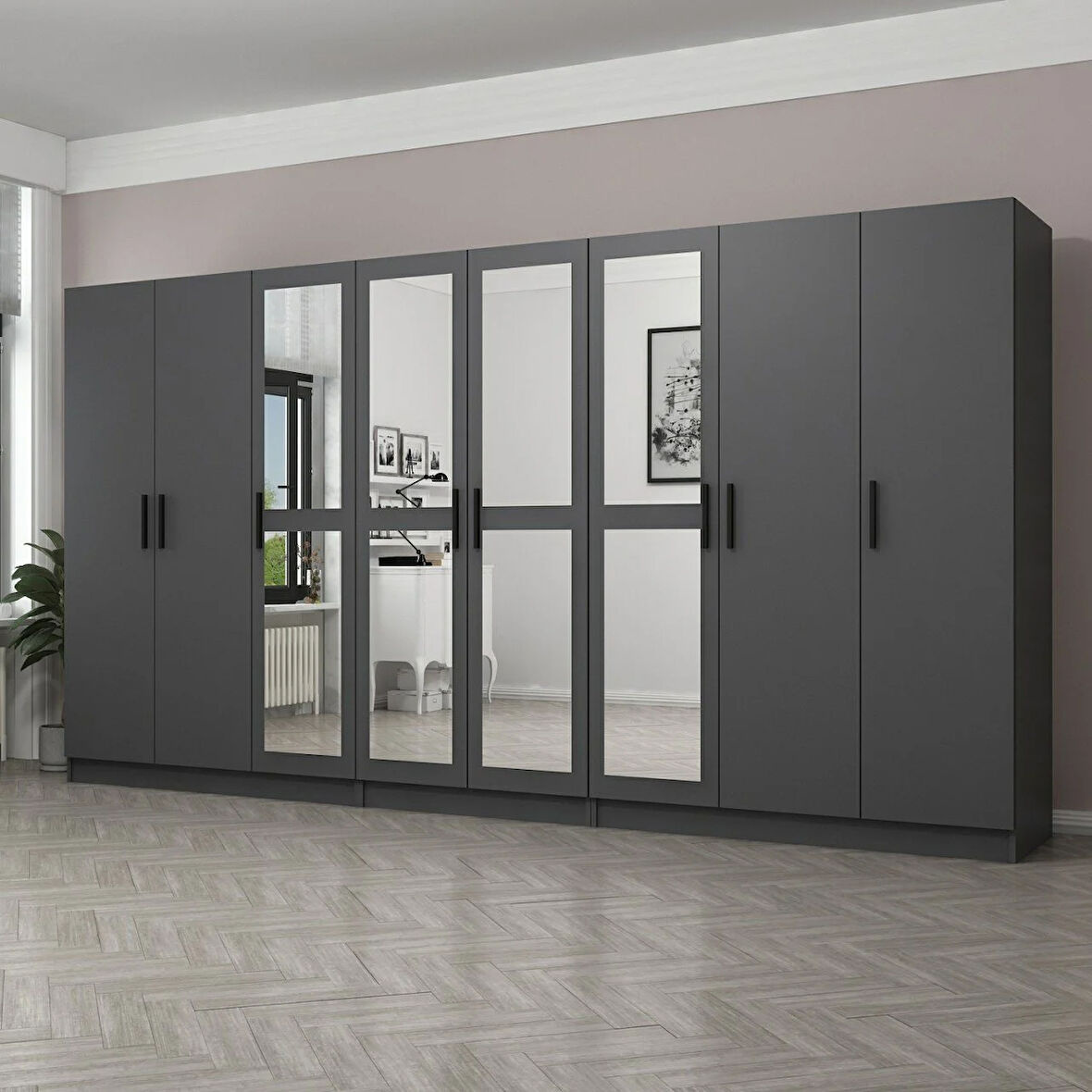 Minar Kale 8 Kapaklı 4 Aynalı 4 Çekmeceli Dolap Antrasit 210CM