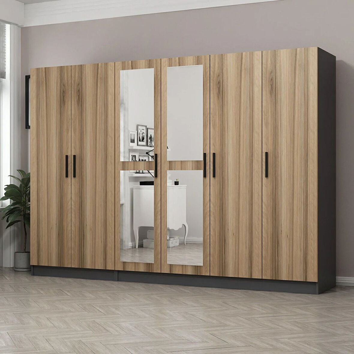 Minar Kale 6 Kapaklı 2 Aynalı 2 Çekmeceli Dolap Antrasit Dore 210CM