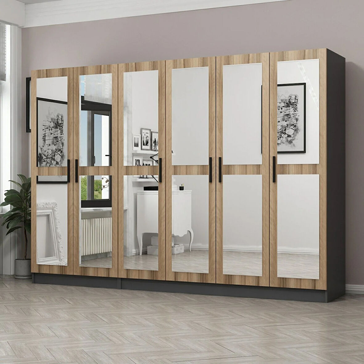 Minar Kale 6 Kapaklı 6 Aynalı 2 Çekmeceli Dolap Antrasit Dore 210CM