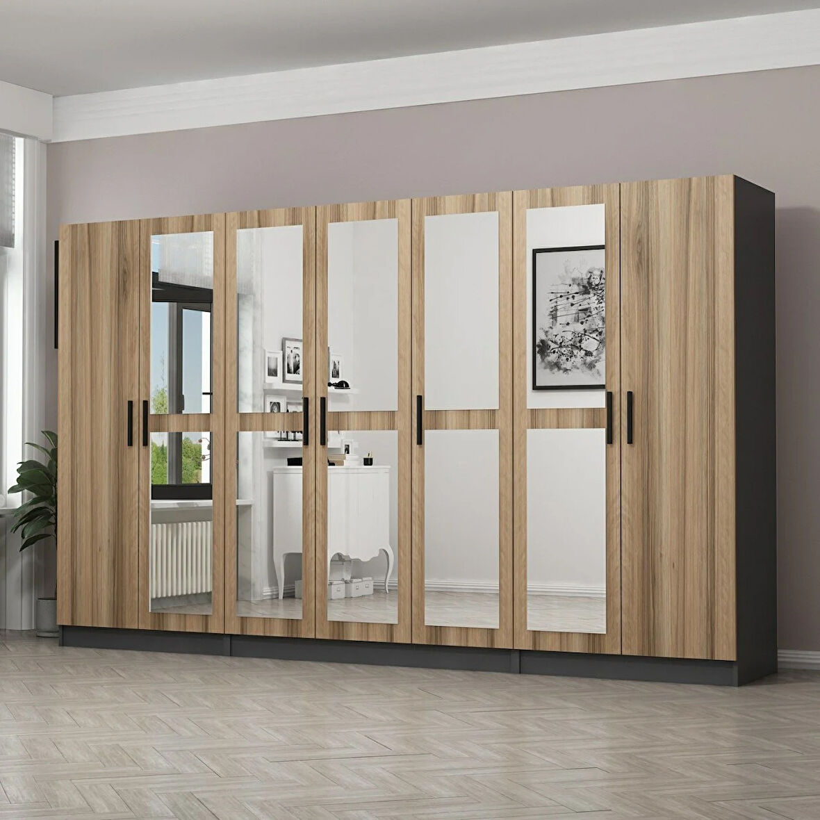 Minar Kale 7 Kapaklı 5 Aynalı 2 Çekmeceli Dolap Antrasit Dore 210CM