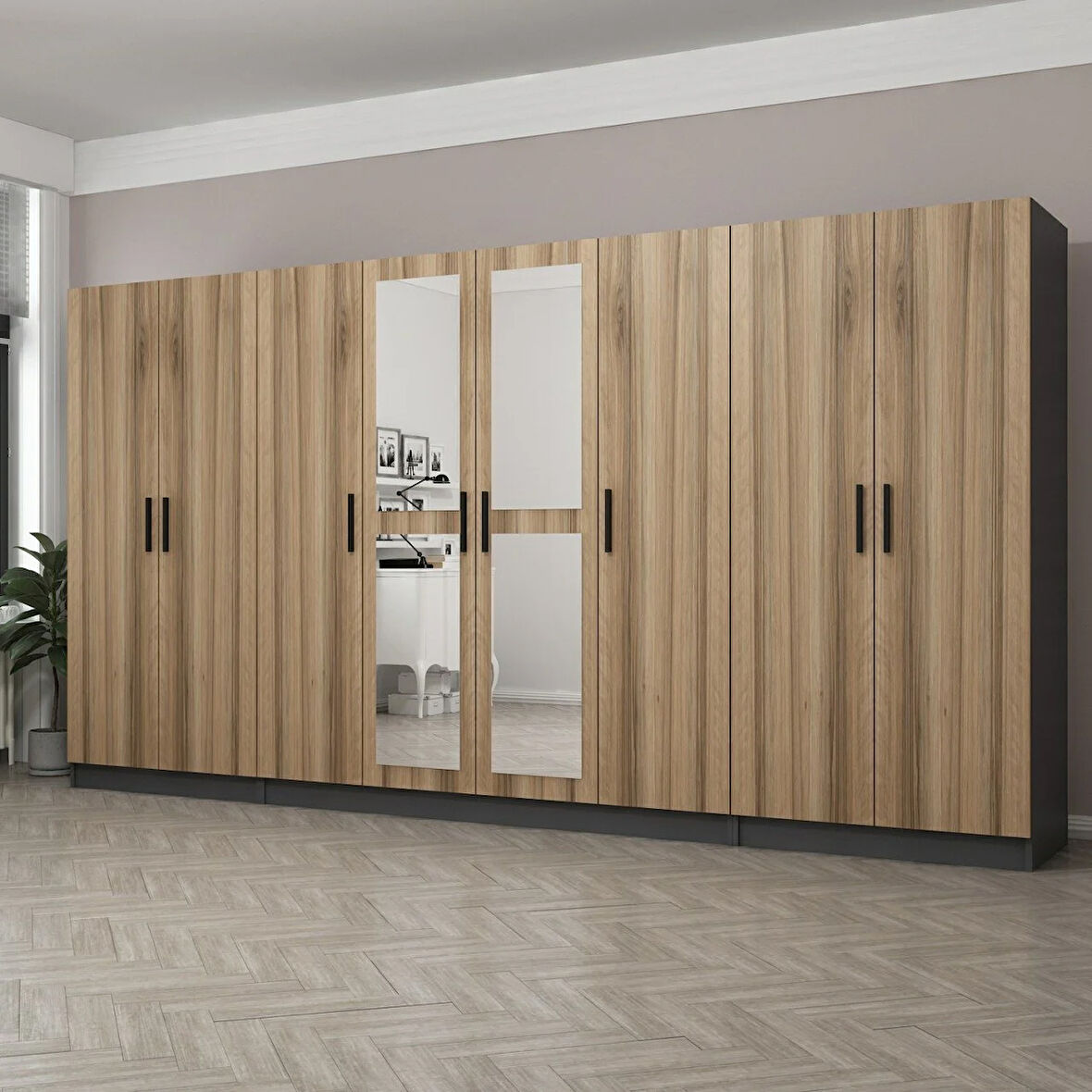 Minar Kale 8 Kapaklı 2 Aynalı 2 Çekmeceli Dolap Antrasit Dore 210CM