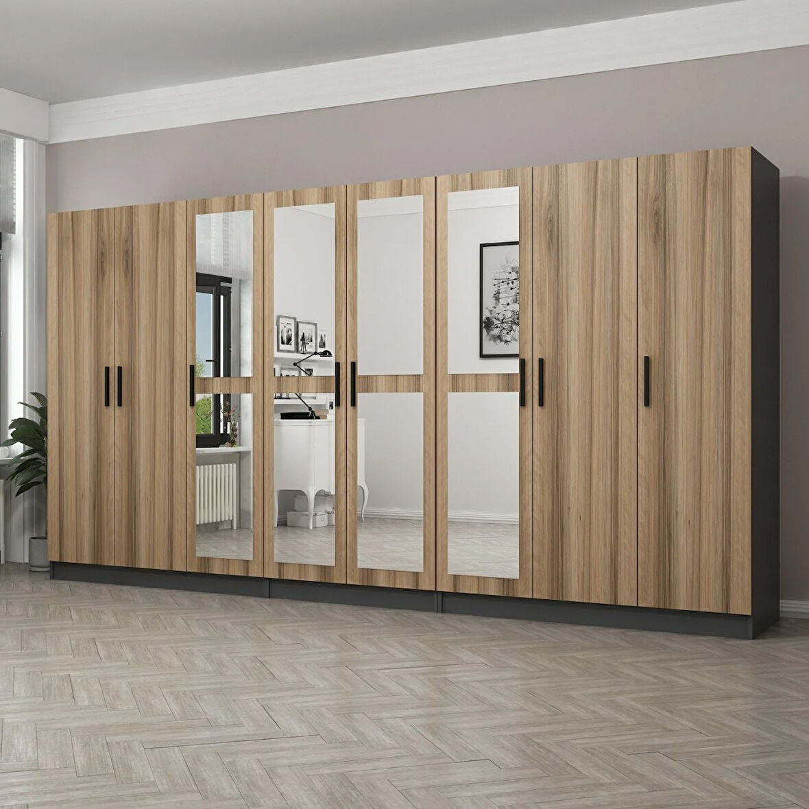 Minar Kale 8 Kapaklı 4 Aynalı 4 Çekmeceli Dolap Antrasit Dore 210CM