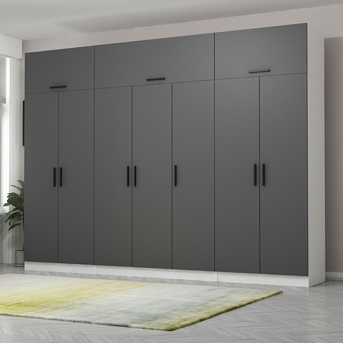 Minar Kale 7 Kapaklı 2 Çekmeceli Dolap Ve Yüklük Beyaz Antrasit 235CM