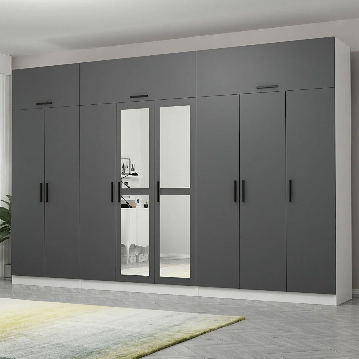 Minar Kale 8 Kapaklı 2 Aynalı 4 Ç Dolap Ve Yüklük Beyaz Antrasit 235CM