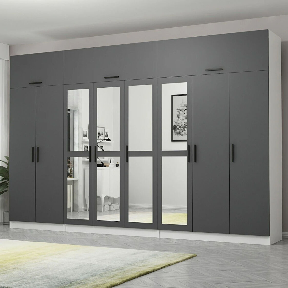 Minar Kale 8 Kapaklı 4 Aynalı 4 Ç Dolap Ve Yüklük Beyaz Antrasit 235CM