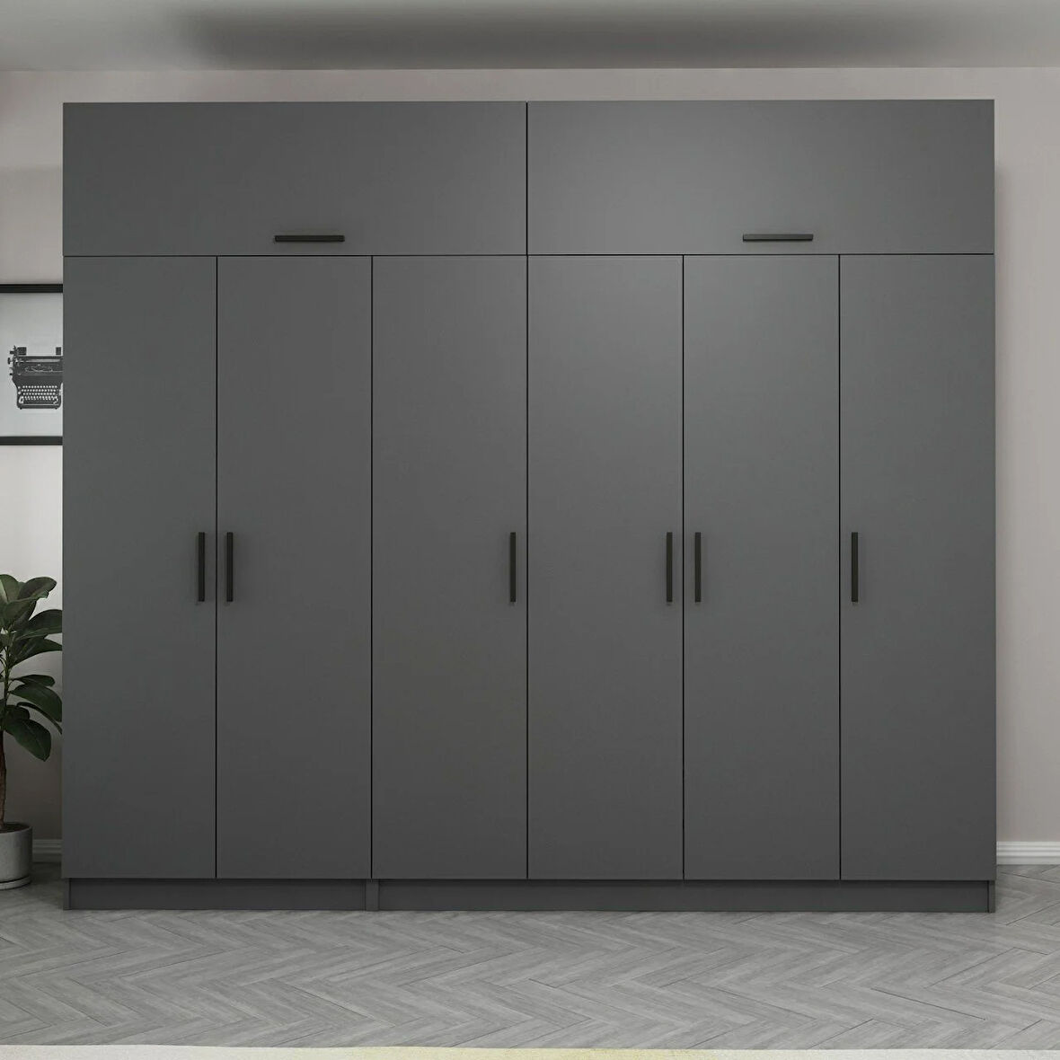 Minar Kale 6 Kapaklı 2 Çekmeceli Dolap Ve Yüklük Antrasit 235CM