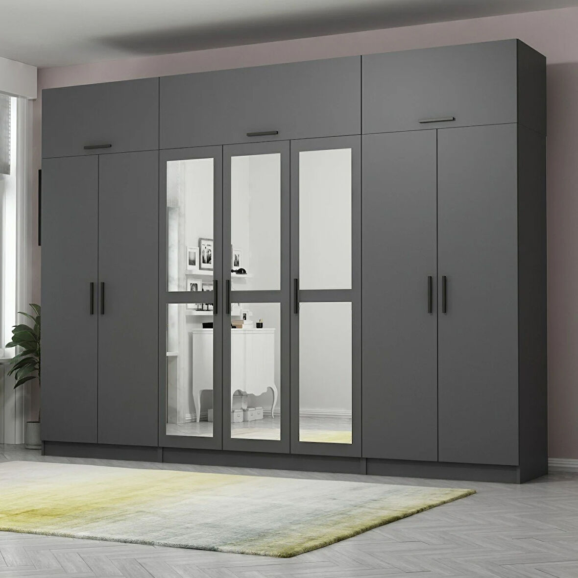 Minar Kale 7 Kapaklı 3 Aynalı 2 Ç Dolap Ve Yüklük Antrasit 235CM