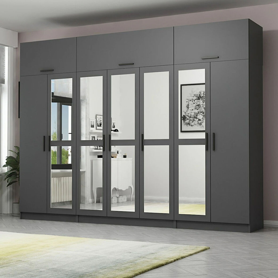 Minar Kale 7 Kapaklı 5 Aynalı 2 Ç Dolap Ve Yüklük Antrasit 235CM