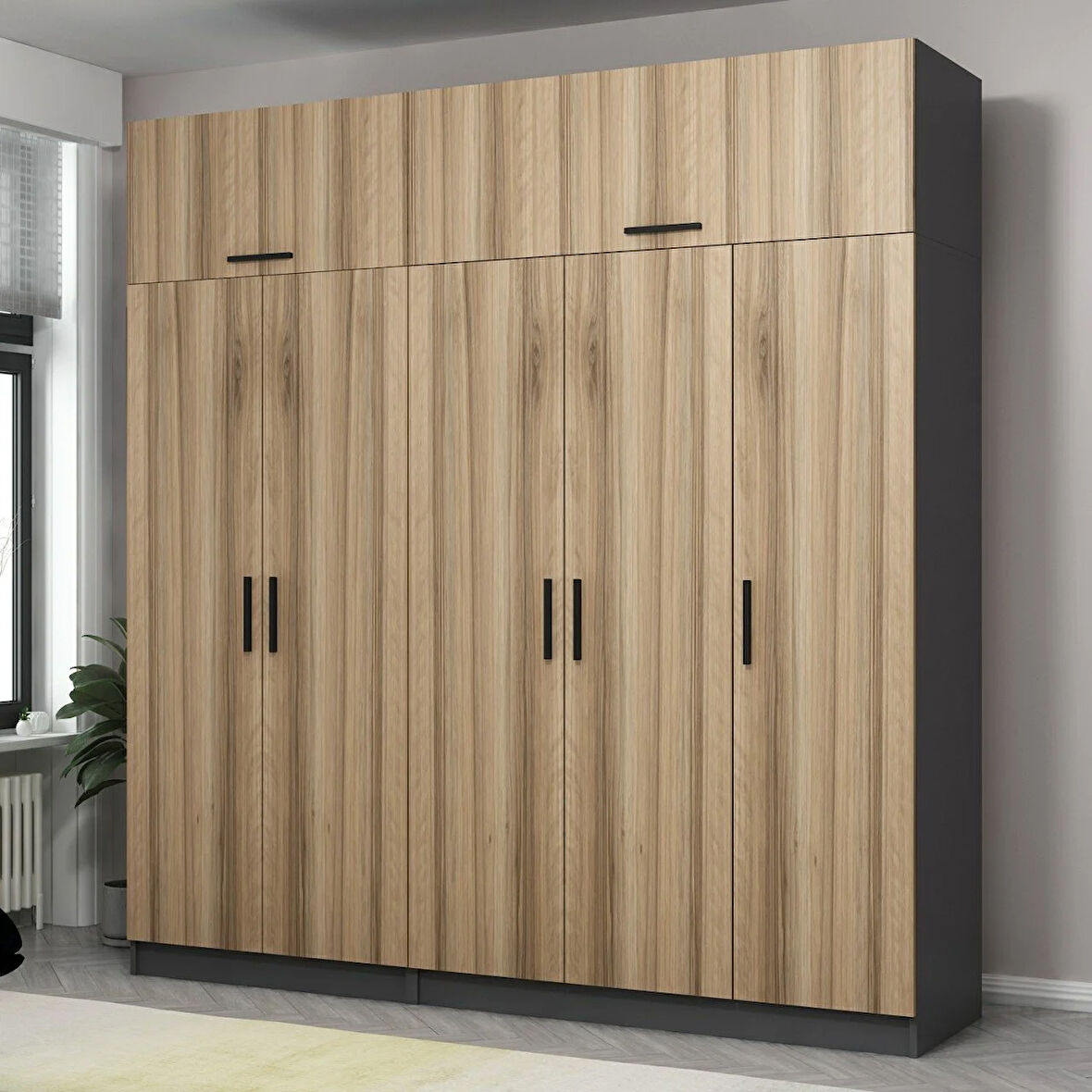 Minar Kale 5 Kapaklı 2 Çekmeceli Dolap Ve Yüklük Antrasit Dore 235CM