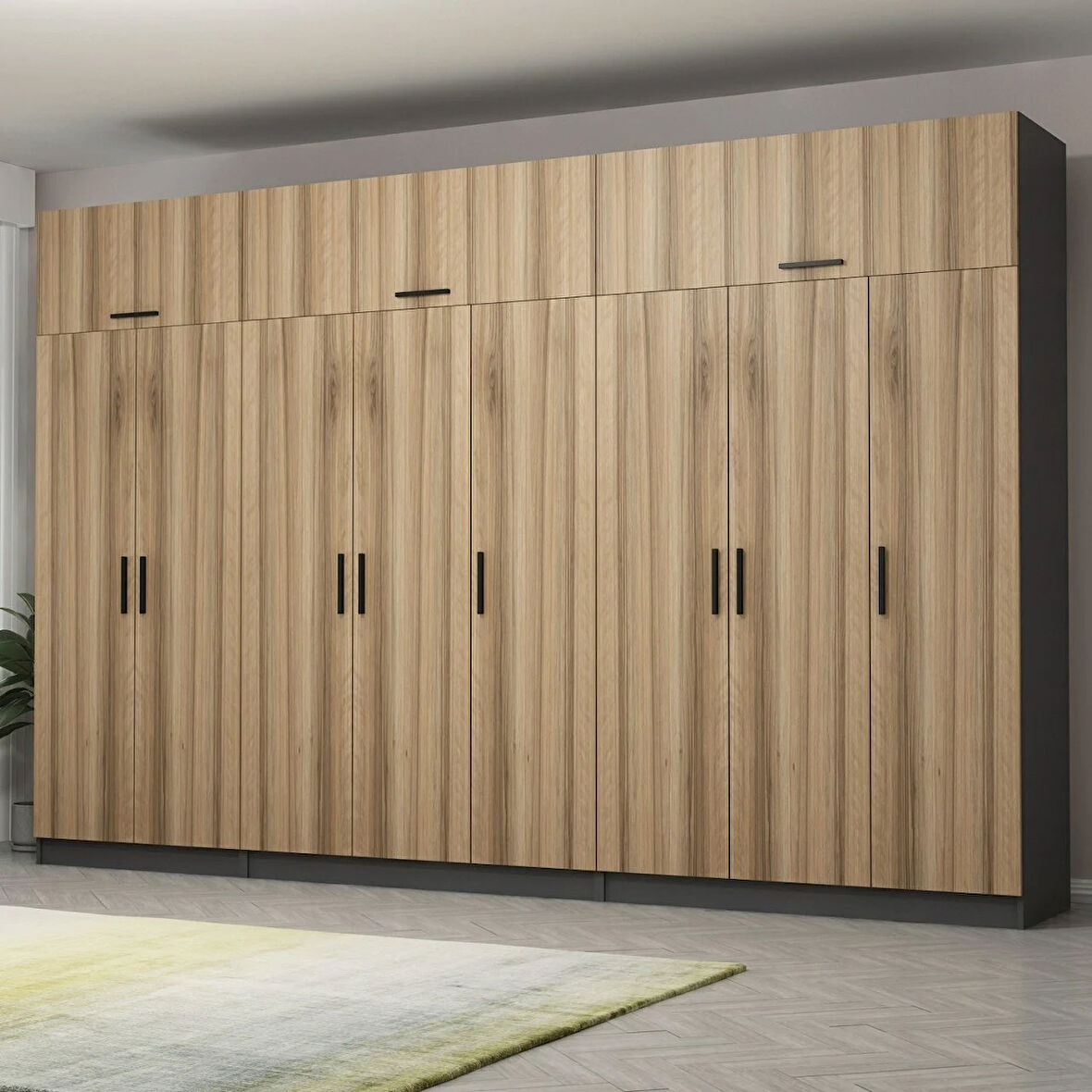 Minar Kale 8 Kapaklı 4 Çekmeceli Dolap Ve Yüklük Antrasit Dore 235CM