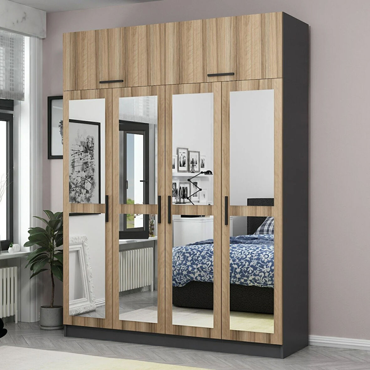 Minar Kale 4 Kapaklı 4 Aynalı 2 Ç Dolap ve Yüklük Antrasit Dore 235CM