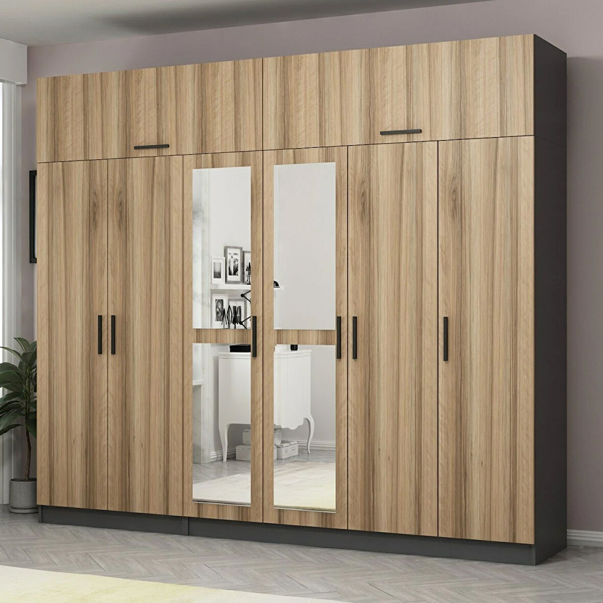 Minar Kale 6 Kapaklı 2 Aynalı 2 Ç Dolap Ve Yüklük Antrasit Dore 235CM