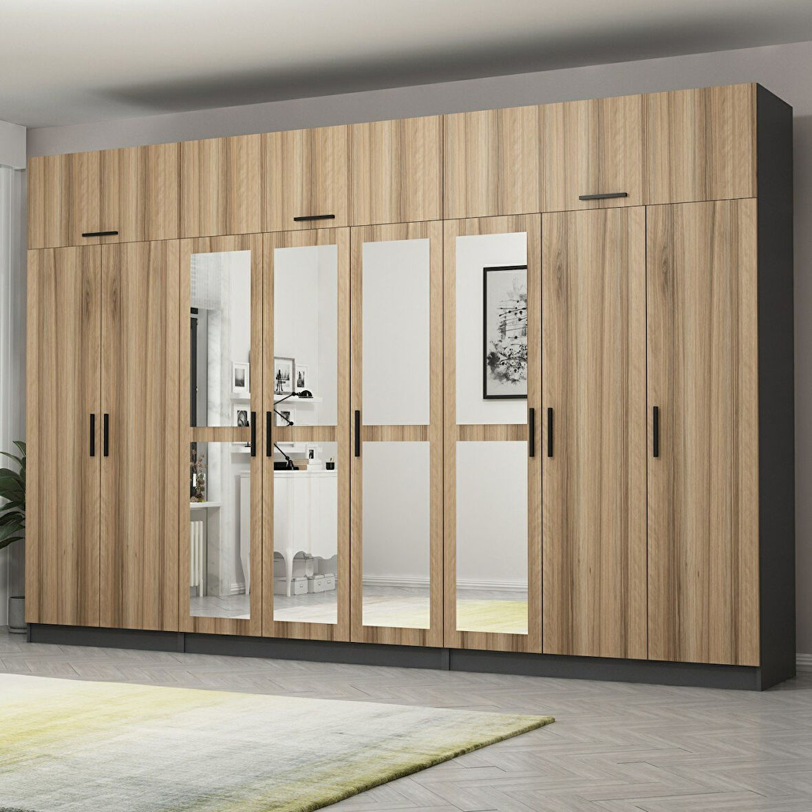 Minar Kale 8 Kapaklı 4 Aynalı 4 Ç Dolap Ve Yüklük Antrasit Dore 235CM