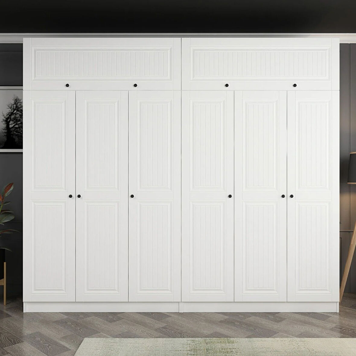 Minar Kale 6 Mebran Kapaklı 4 İç Çekmeceli Dolap Ve Yüklük Beyaz 255CM