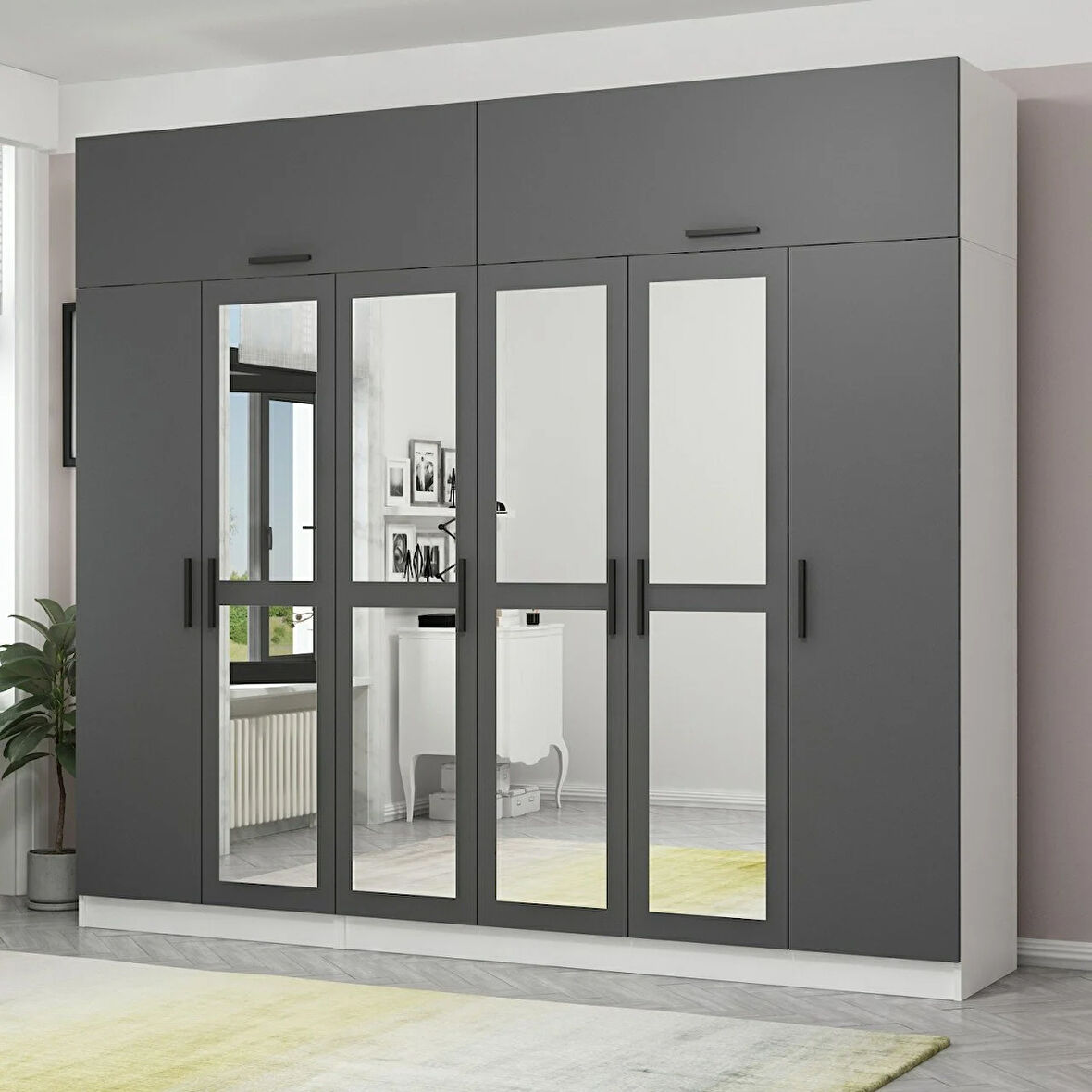 Minar Kale 6 Kapaklı 4 Aynalı 2 Ç Dolap Ve Yüklük Beyaz Antrasit 255CM