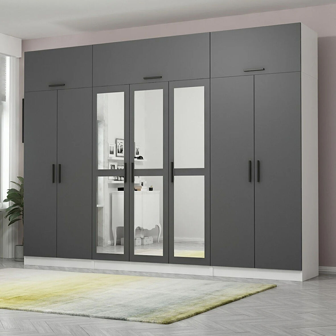 Minar Kale 7 Kapaklı 3 Aynalı 2 Ç Dolap Ve Yüklük Beyaz Antrasit 255CM