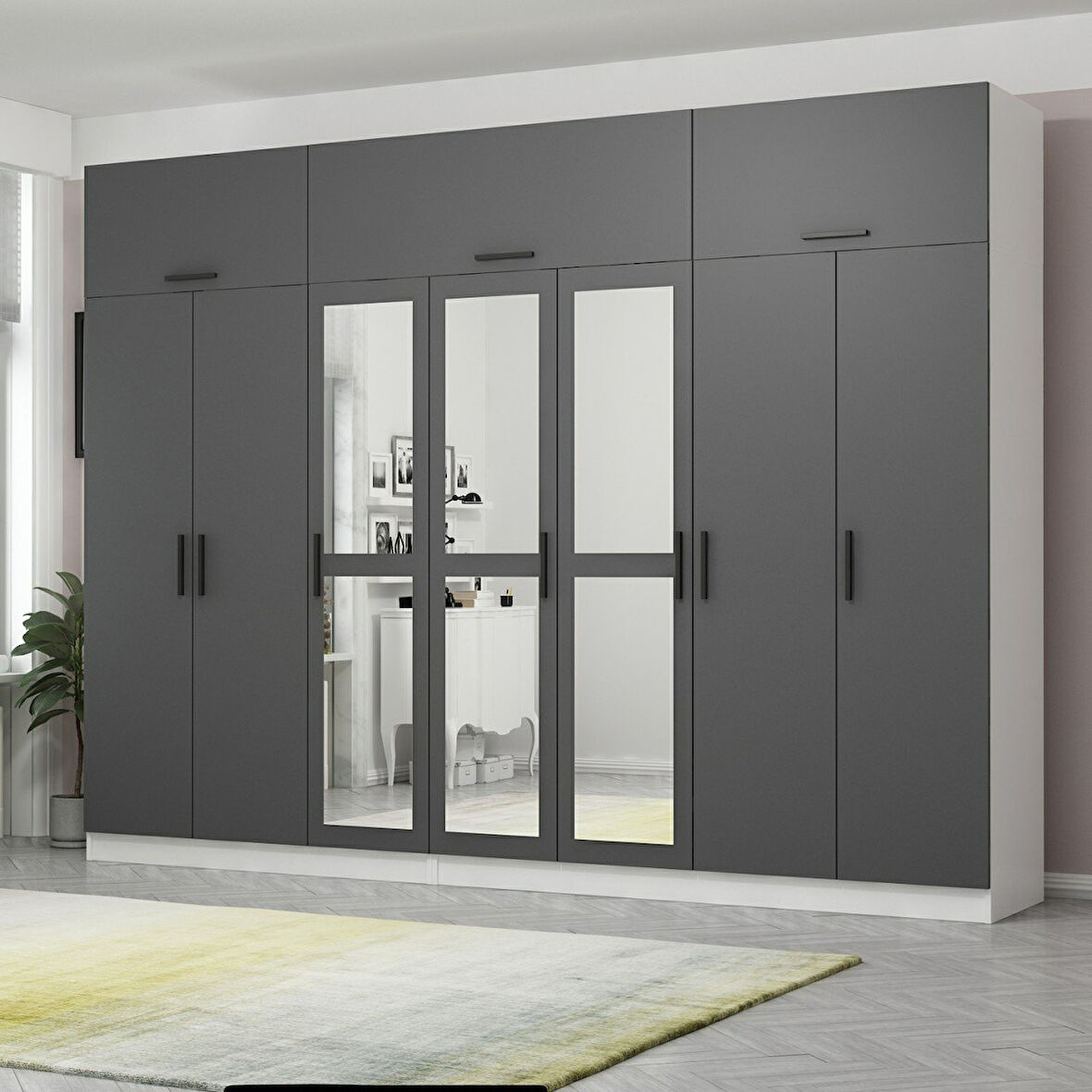 Minar Kale 7 Kapaklı 3 Aynalı 4 Ç Dolap Ve Yüklük Beyaz Antrasit 255CM