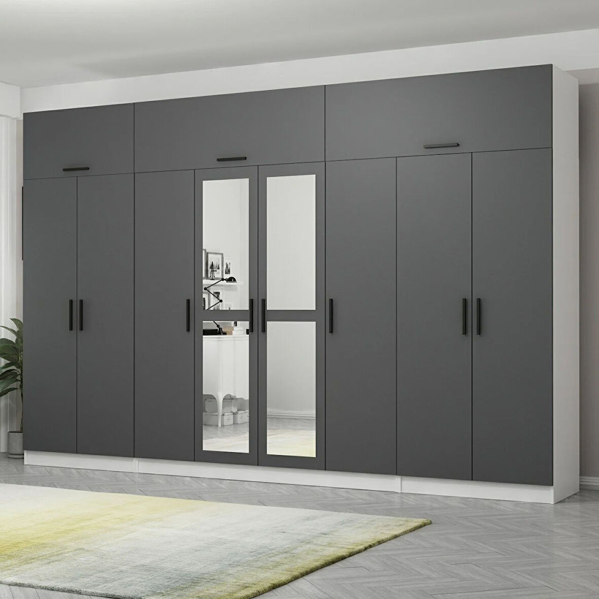 Minar Kale 8 Kapaklı 2 Aynalı 2 Ç Dolap Ve Yüklük Beyaz Antrasit 255CM