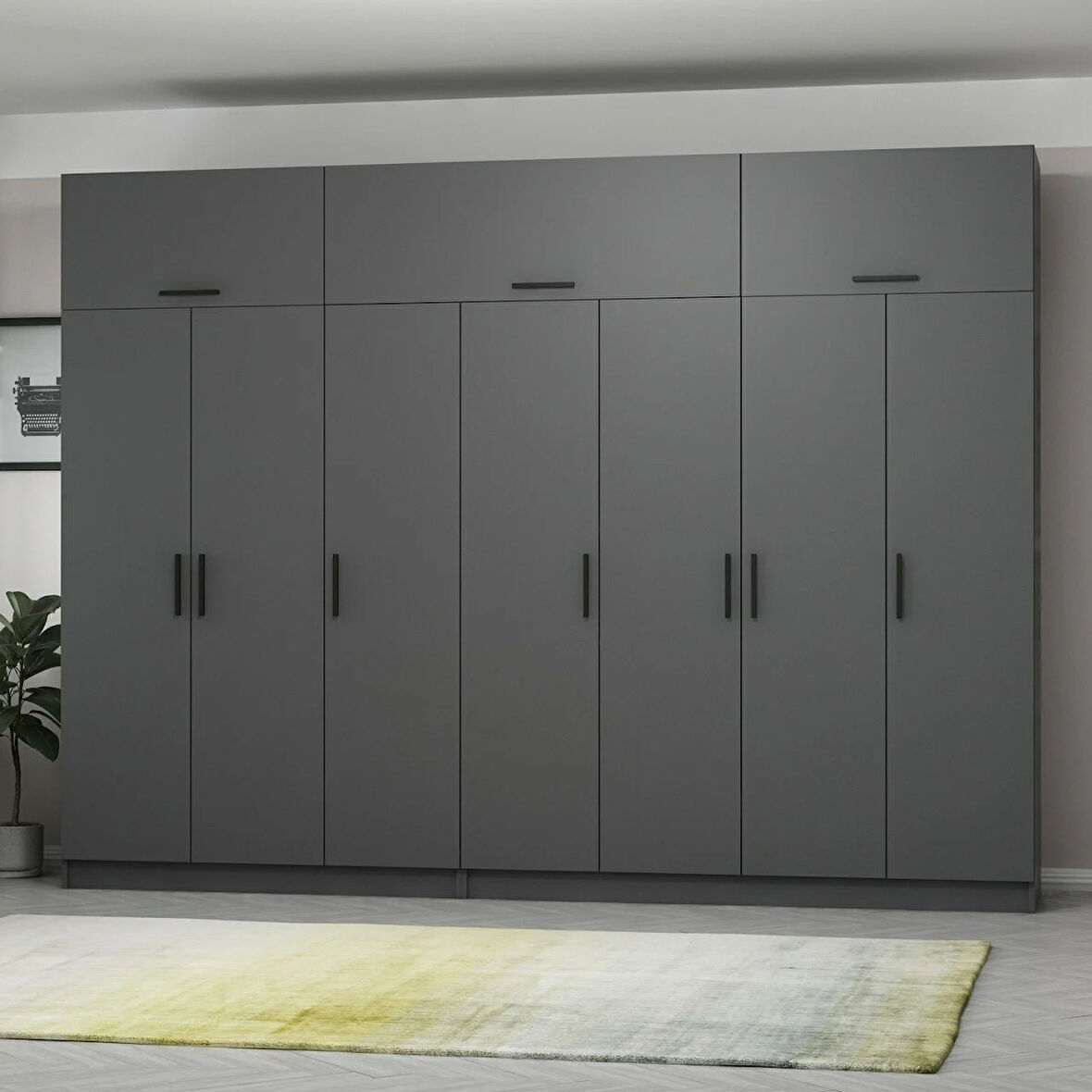 Minar Kale 7 Kapaklı 4 Çekmeceli Dolap Ve Yüklük Antrasit 255CM