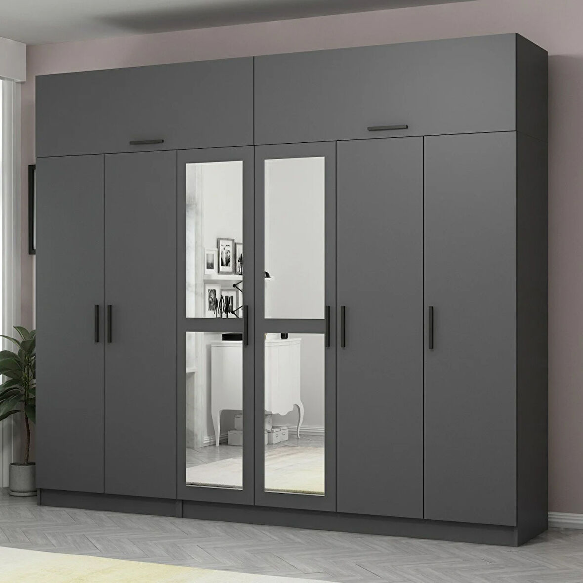 Minar Kale 6 Kapaklı 2 Aynalı 2 Ç Dolap Ve Yüklük Antrasit 255CM