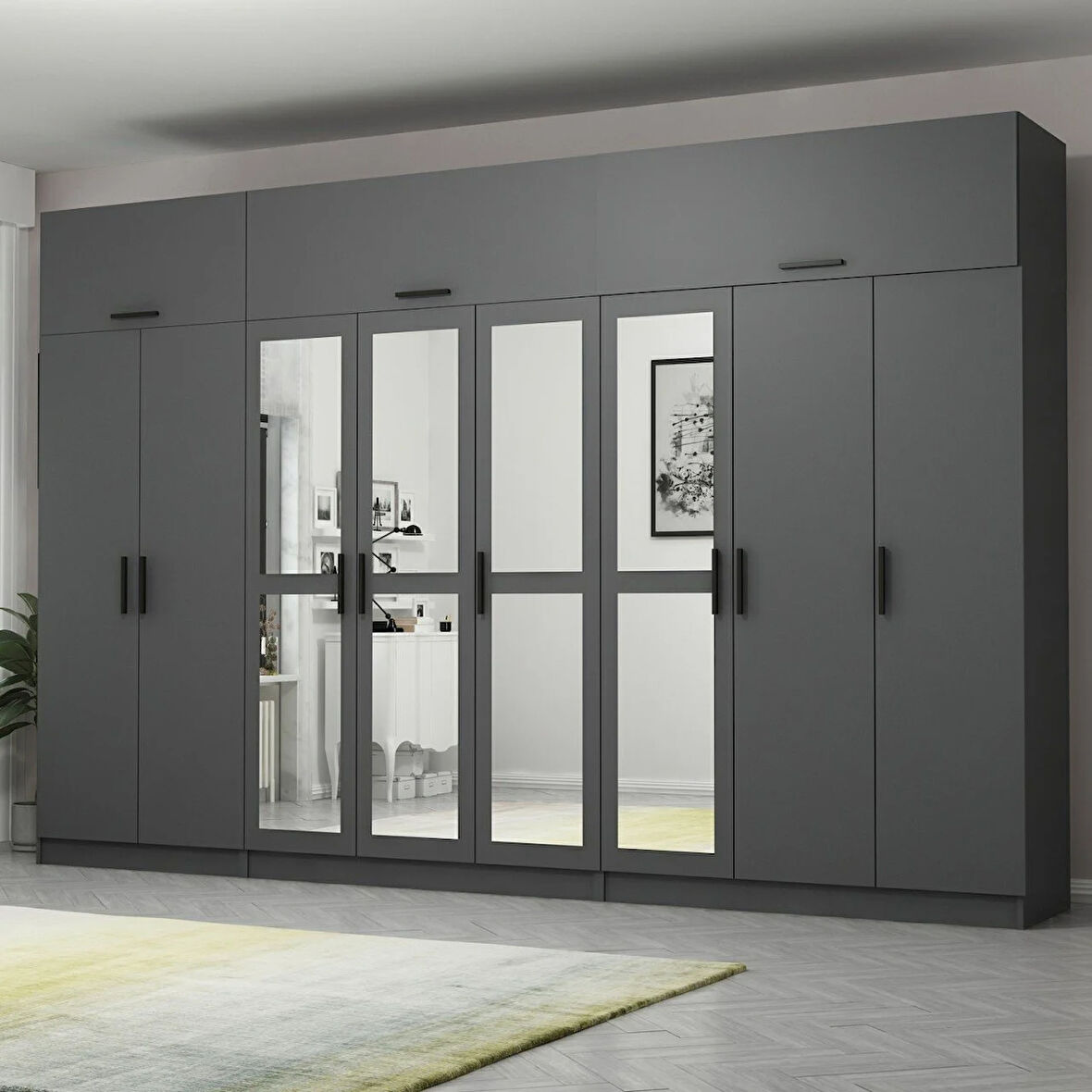 Minar Kale 8 Kapaklı 4 Aynalı 4 Ç Dolap Ve Yüklük Antrasit 255CM