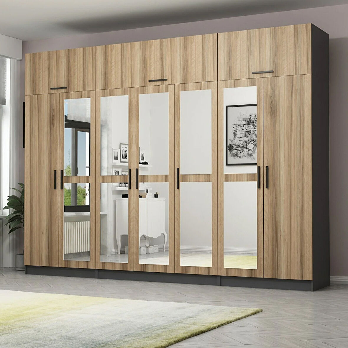 Minar Kale 7 Kapaklı 5 Aynalı 2 Ç Dolap Ve Yüklük Antrasit Dore 255CM