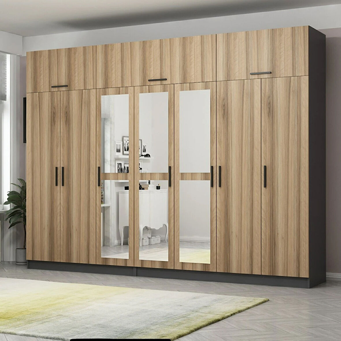 Minar Kale 7 Kapaklı 3 Aynalı 4 Ç Dolap Ve Yüklük Antrasit Dore 255CM