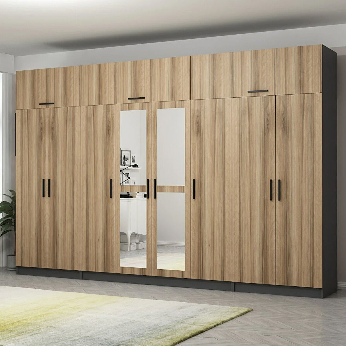 Minar Kale 8 Kapaklı 2 Aynalı 2 Ç Dolap Ve Yüklük Antrasit Dore 255CM