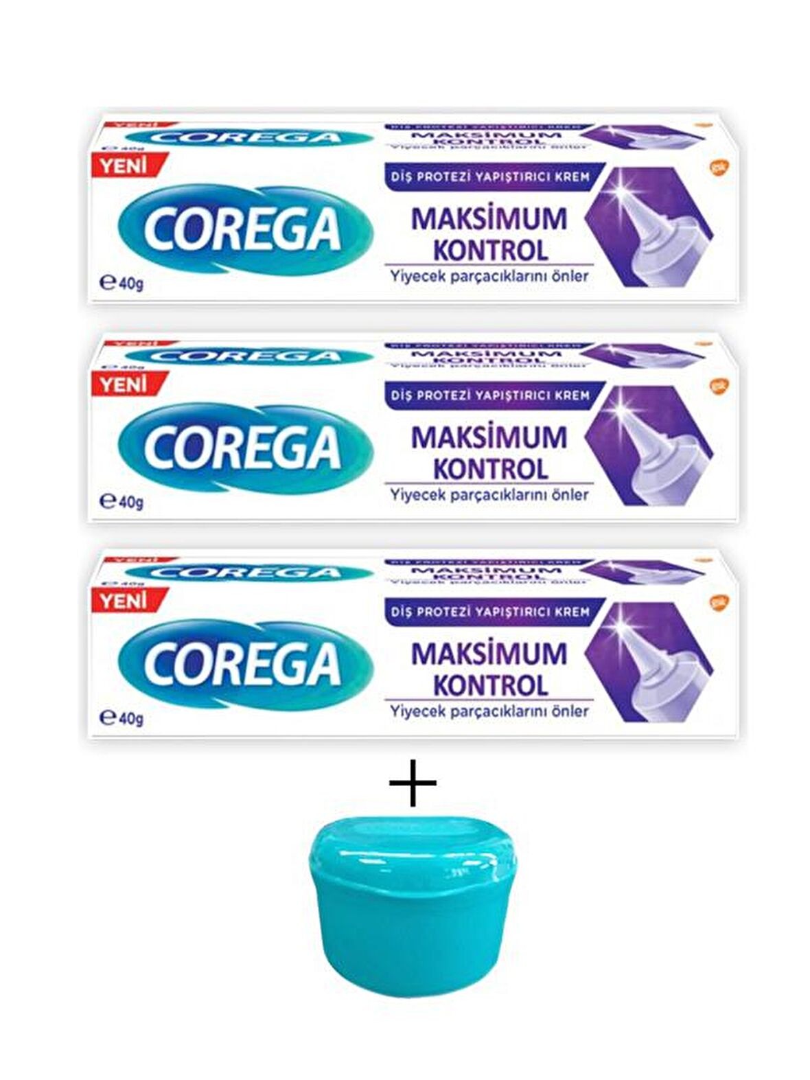 Corega Maksimum Kontrol Diş Protez Yapıştırıcı 3'lü Paket + Corega Protez Diş Saklama Kabı