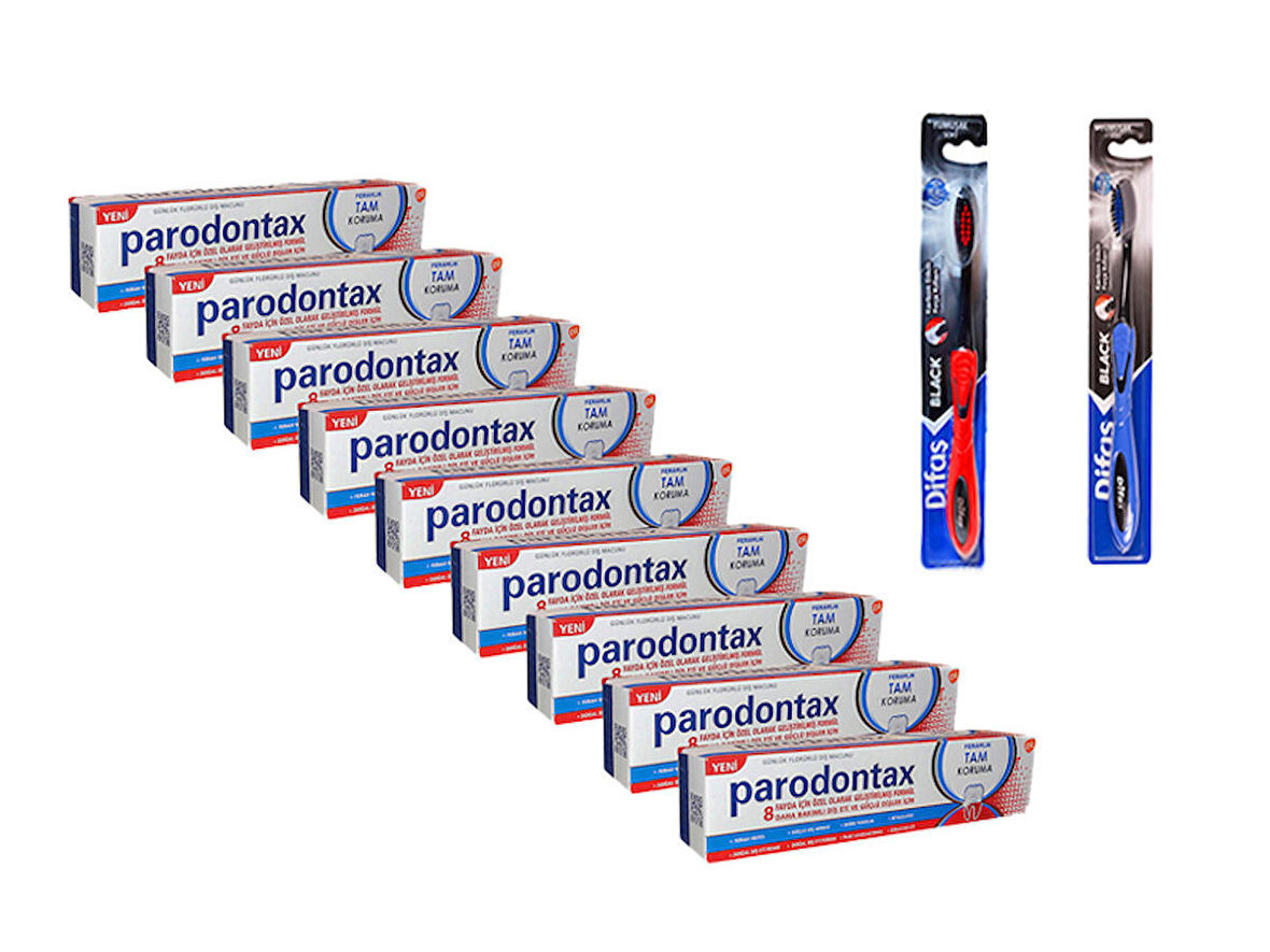 Parodontax 8 Fayda 450 ml ( 50 ml x 9 ) + Difaş Black Yumuşak Diş Fırçası x 2