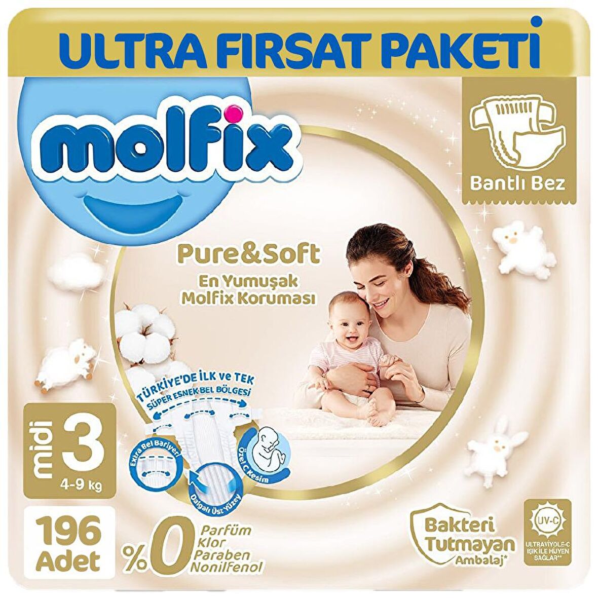 Molfix Pure Soft 3 Numara Midi 2x98'li Bel Bantlı Bez
