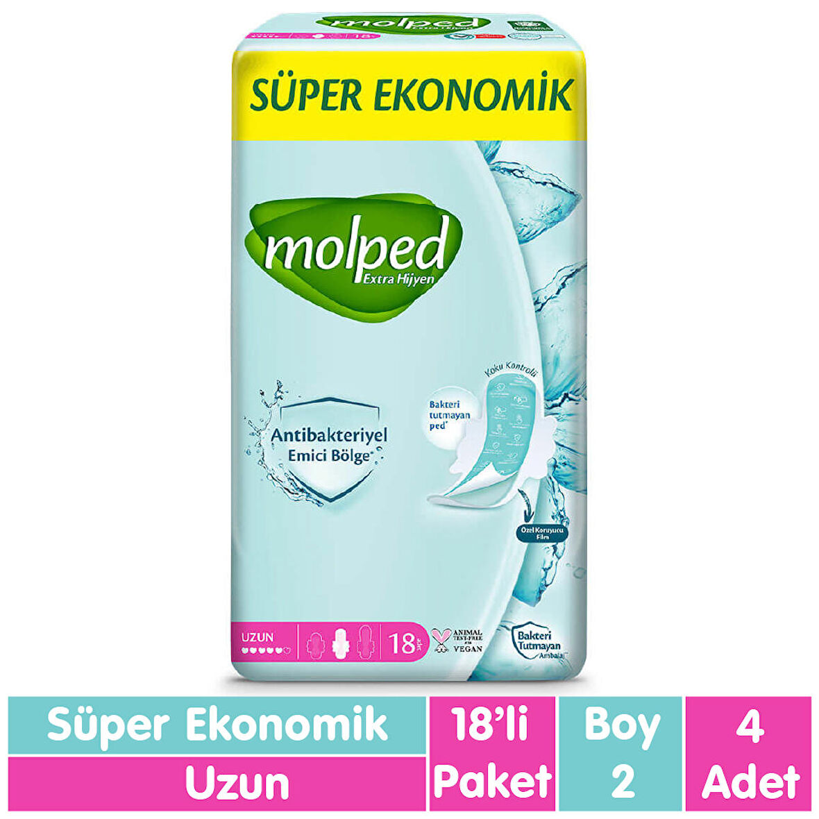 Molped Süper Ekonomik Antibakteriyel Ped Uzun 18x4 72 Adet