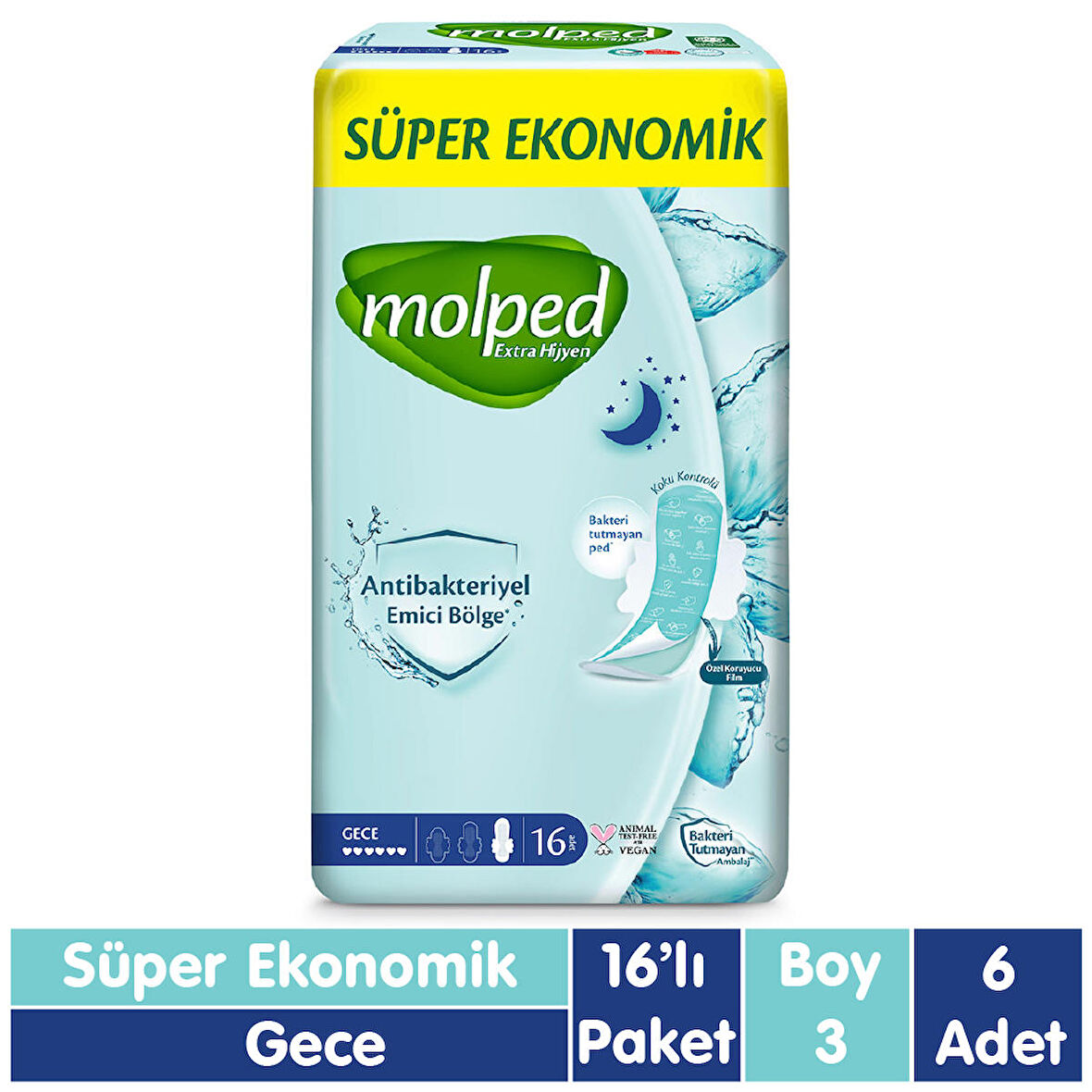 Molped Süper Ekonomik Antibakteriyel Ped Gece 16x6 96 Adet