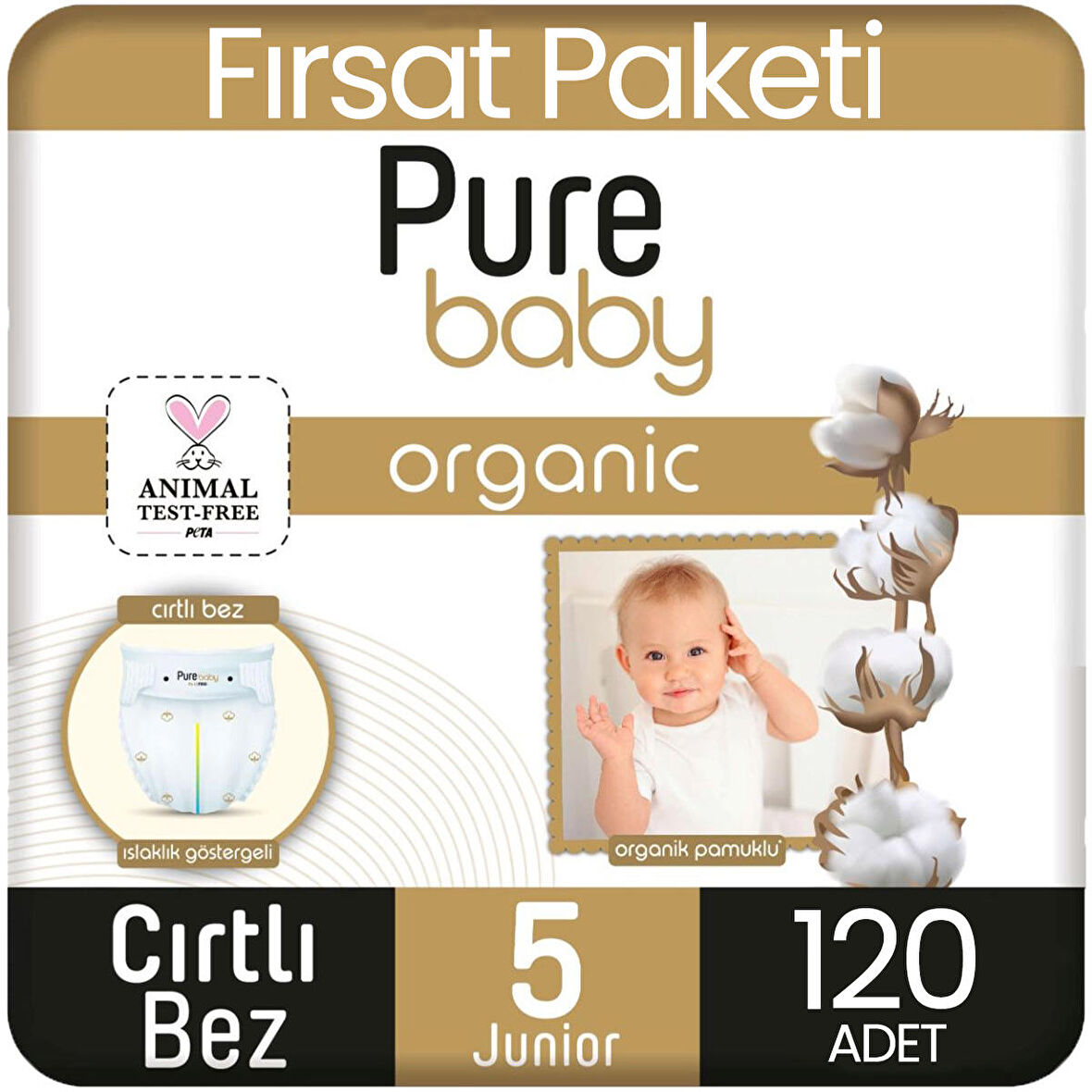 Pure Baby Organik Pamuklu Bebek Bezi 5 Beden 40*3 120 Adet
