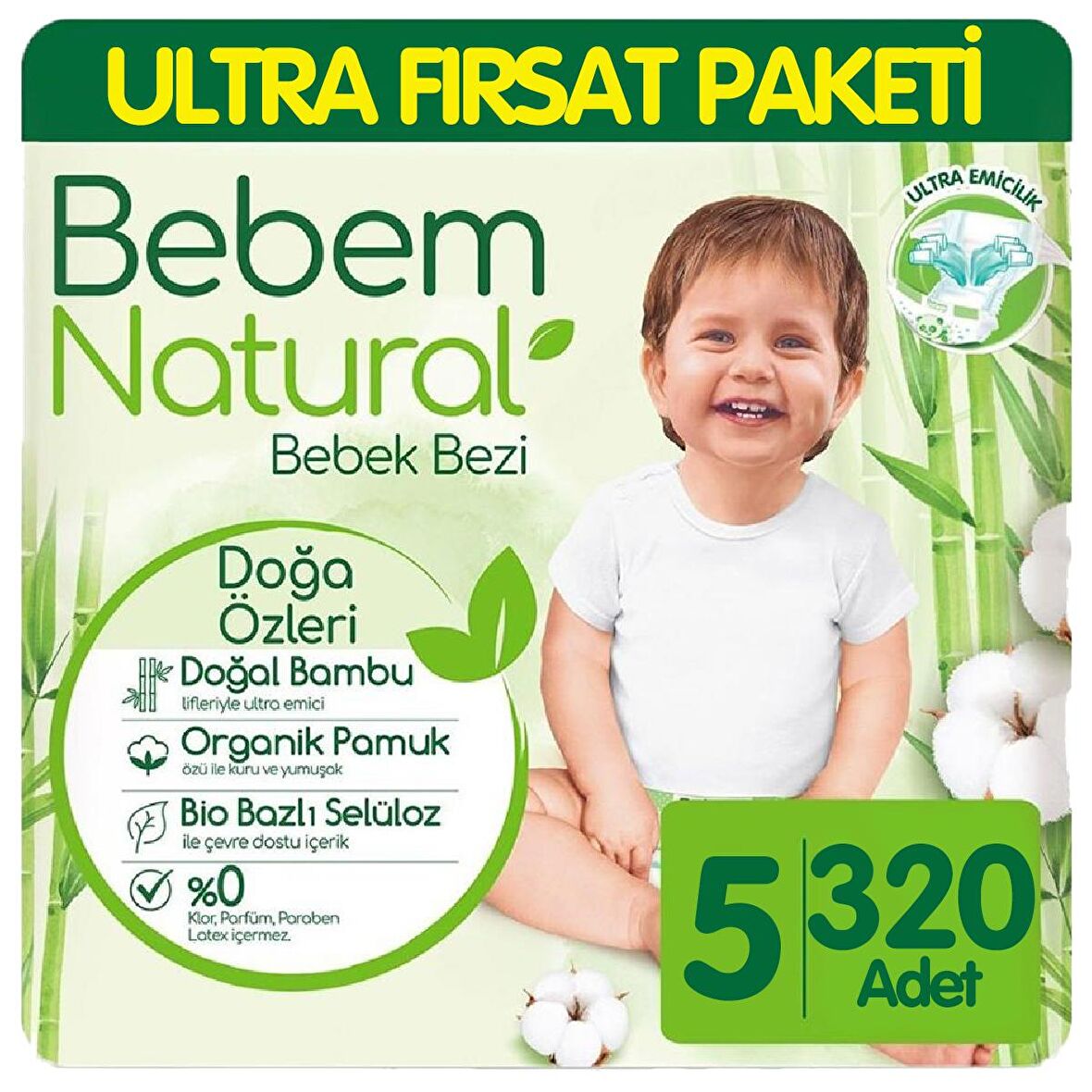 Bebem Natural Bebek Bezi Ultra Fırsat Paketi 5 Beden 80x4 320 Adet