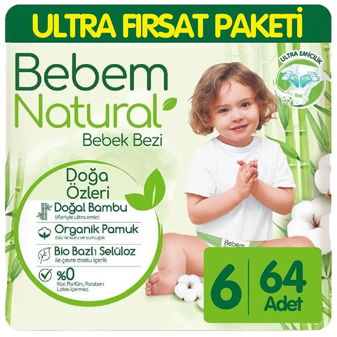 Bebem Natural Bebek Bezi Ultra Fırsat Paketi 6 Beden 64 Adet