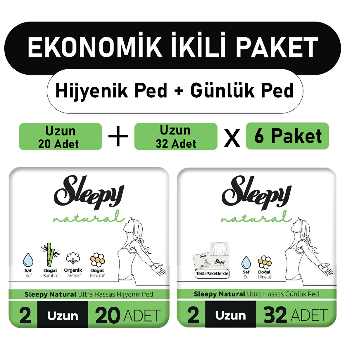 Sleepy Natural Ultra Ped Uzun 20 Adet + Uzun Günlük Ped 32 Adet x6 Paket