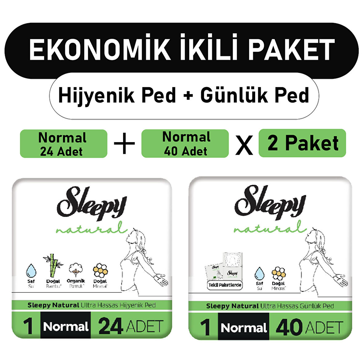 Sleepy Natural Ultra Ped Normal 24 Adet + Uzun Günlük Ped 40 Adet x2 Paket