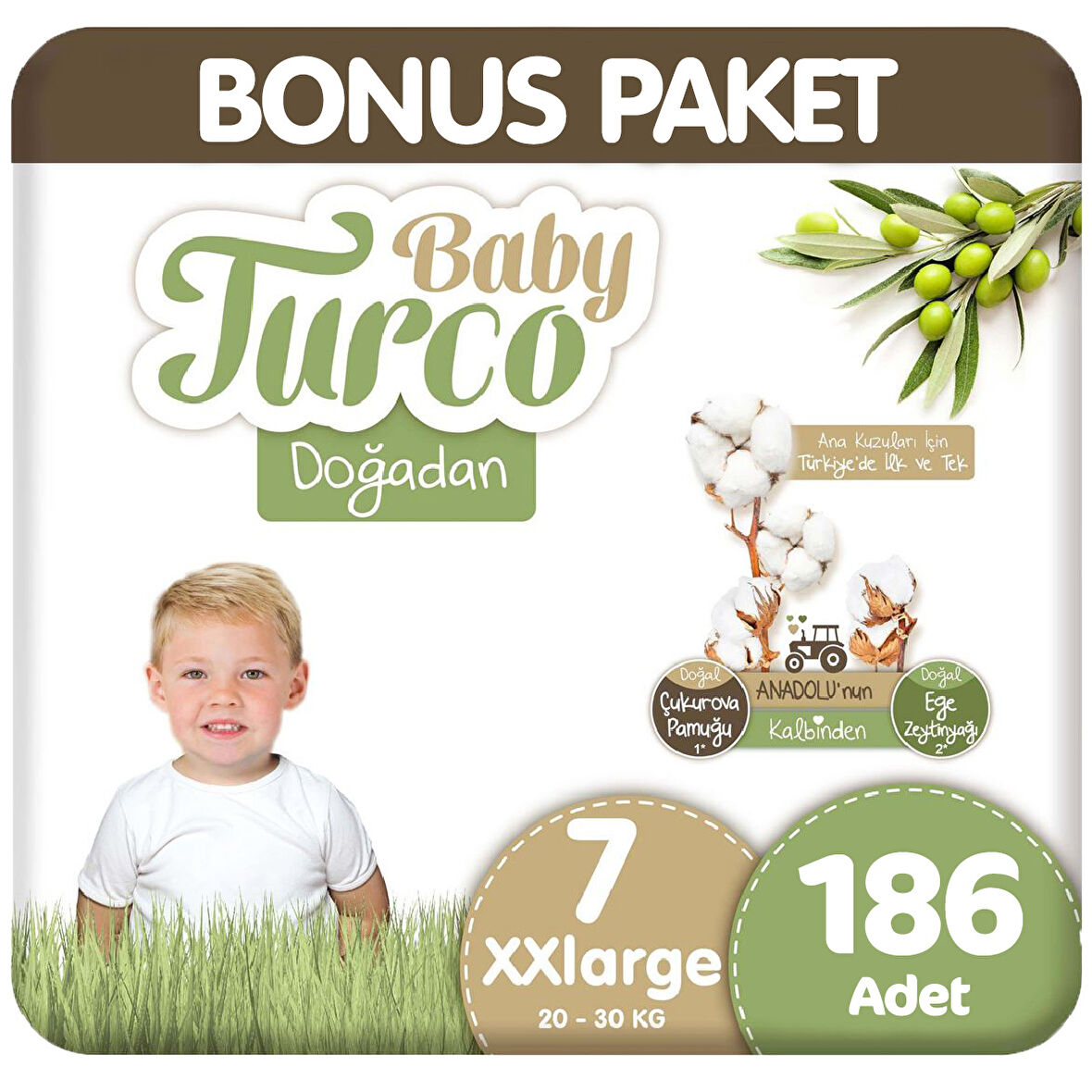 Baby Turco Doğadan Bonus Paket Bebek Bezi 7 Beden 62x3 186 Adet