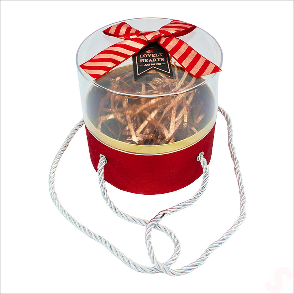 Pleksi Kapaklı Fiyonklu ve Dolgulu Karton Kutu, 20cm - Kırmızı