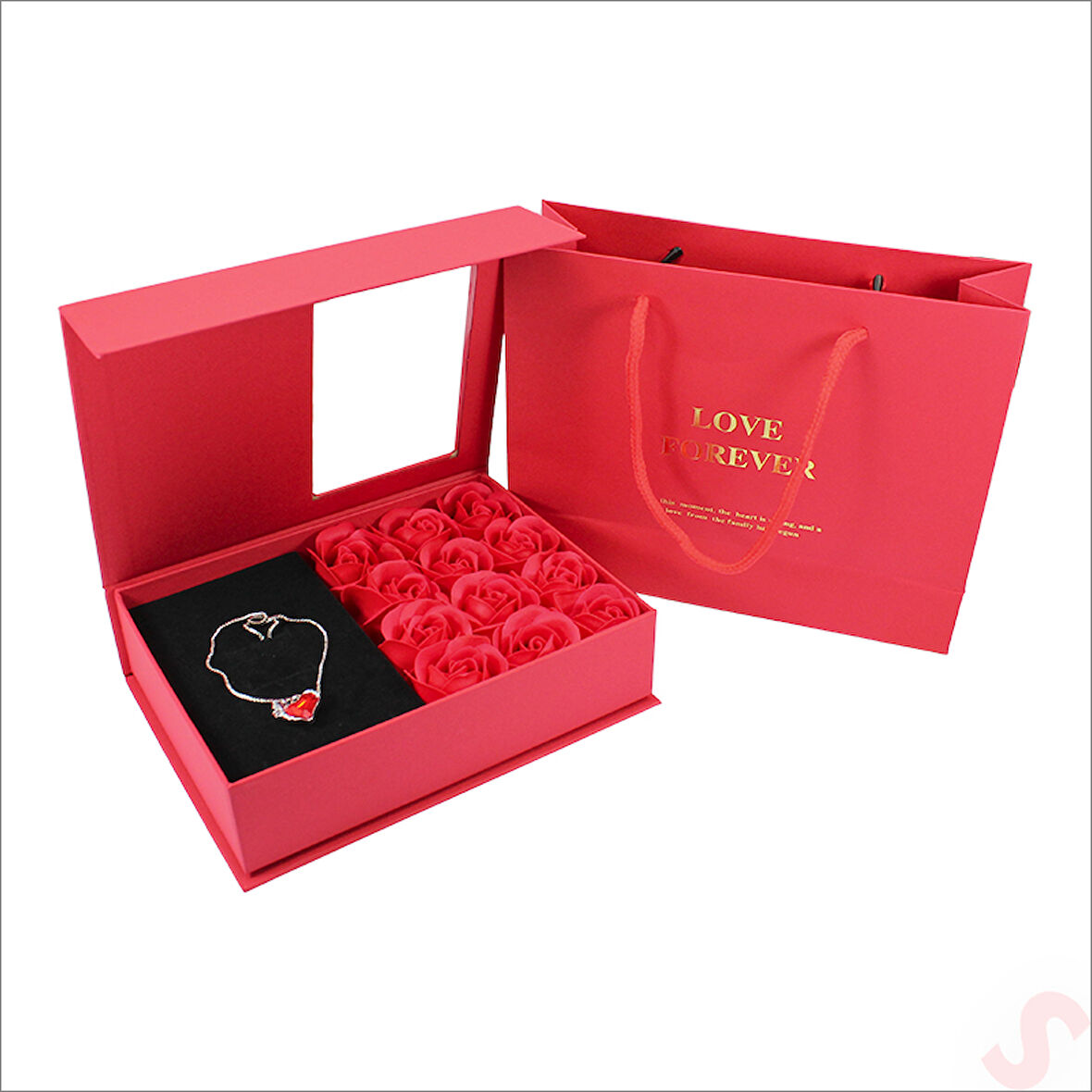 12 Adet Yapay Gül ve Kalp Kolyeli, Çantalı Kutu Seti, Kırmızı