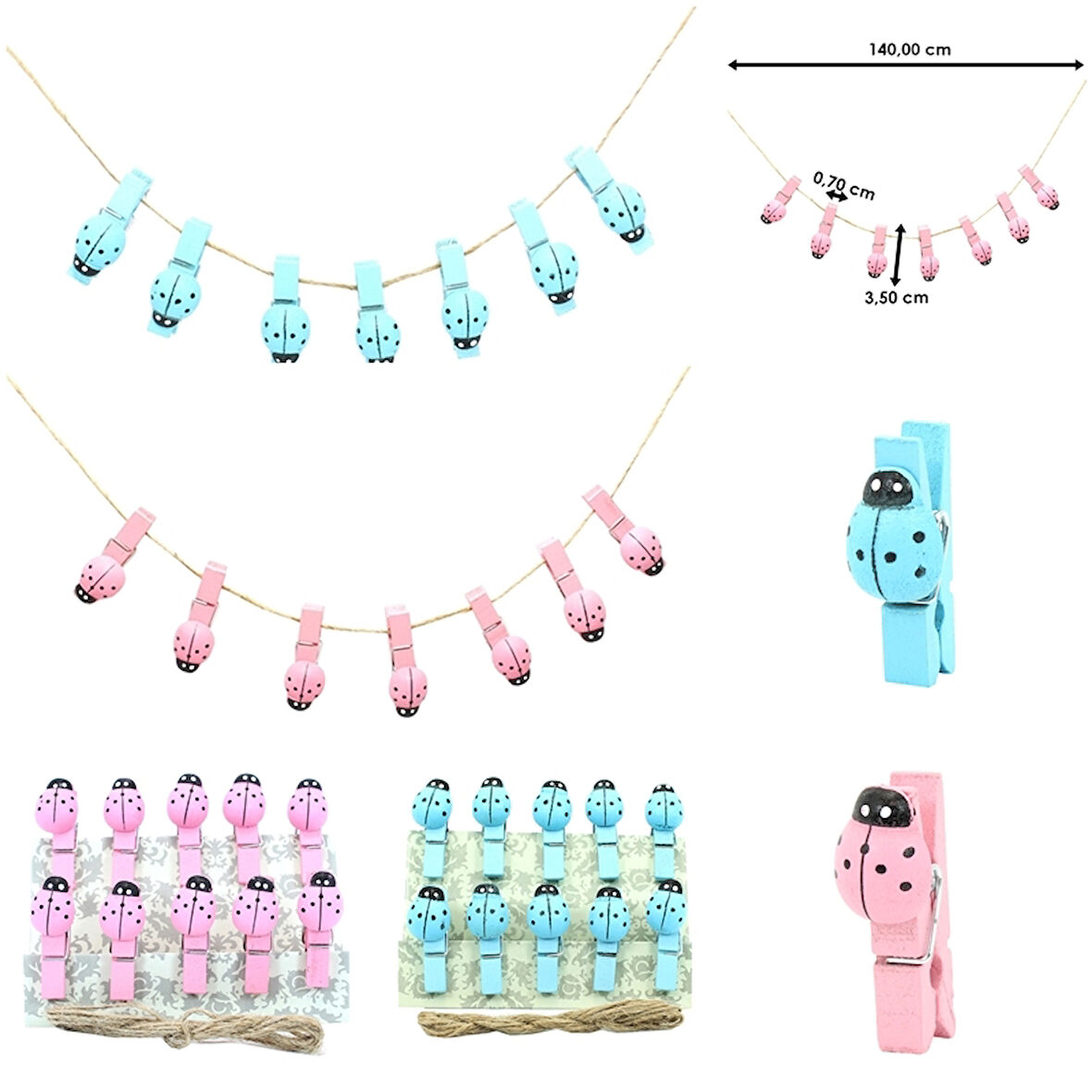 İpli ve Uğur Böcekli Mandal - ( 10 Adet ) PEMBE