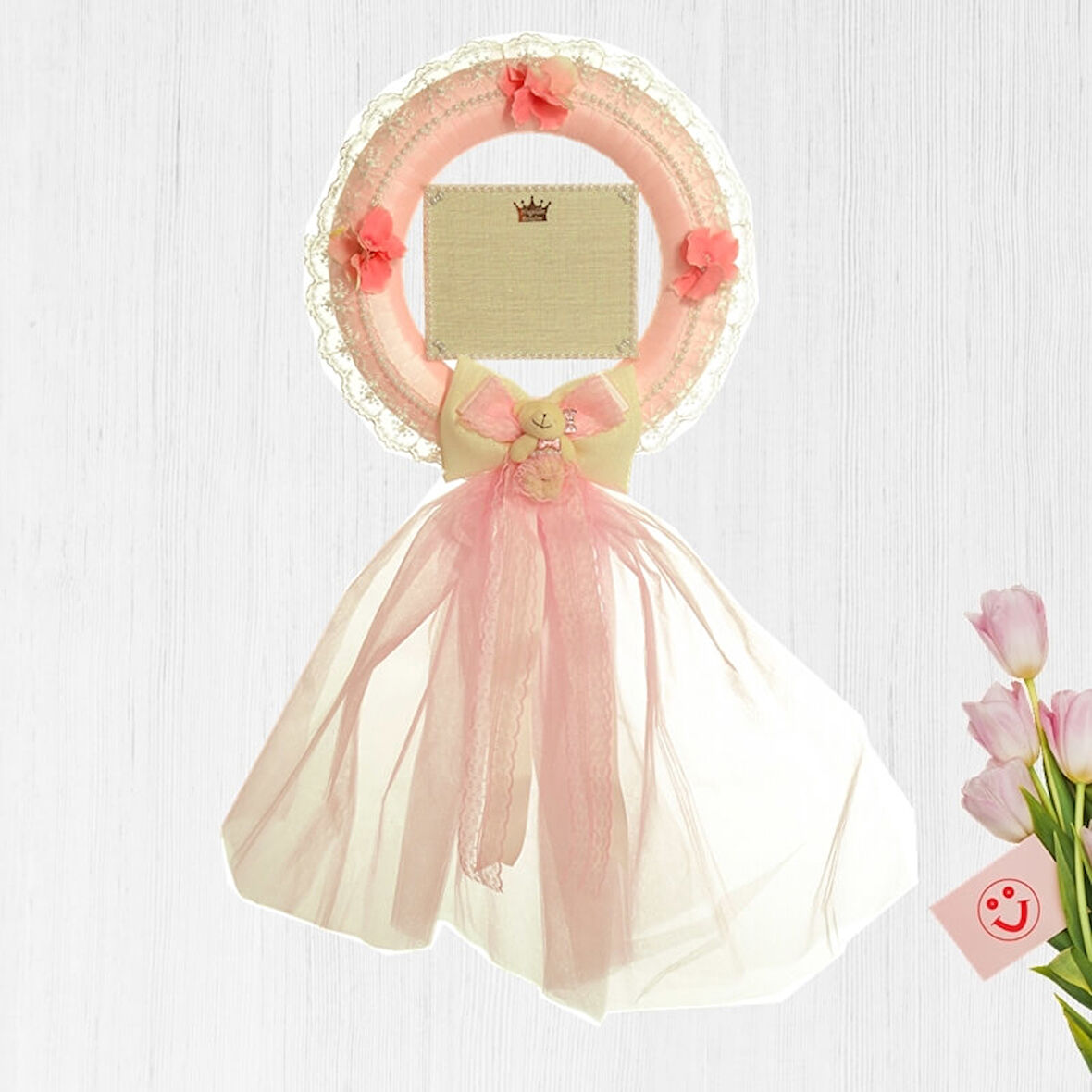 İsimlikli Tüllü Halka Kapı Süsü, Pembe