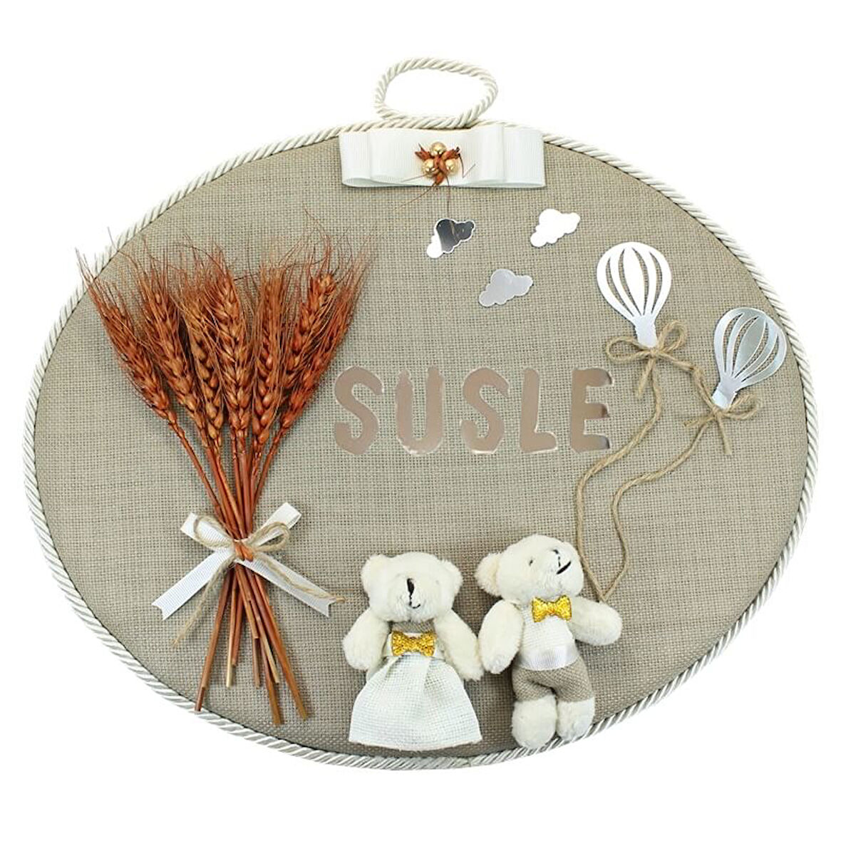 Kuru Çiçek Tanzimli, Jüt Kumaş, İsimli Oval Kapı Süsü