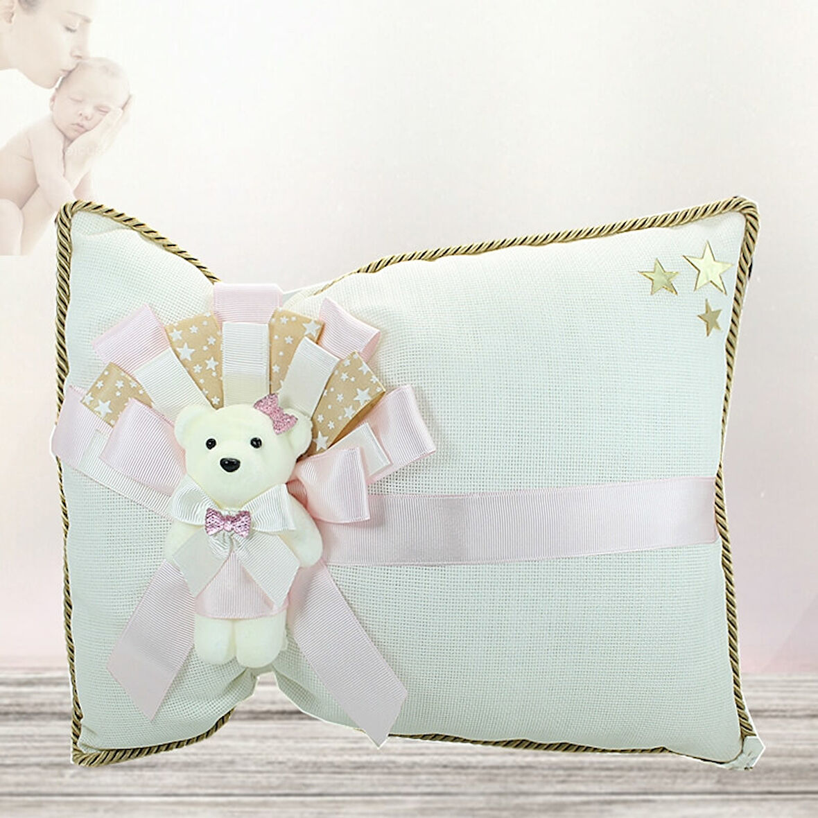 Takı Yastığı, Keten Kumaş Pembe & Altın