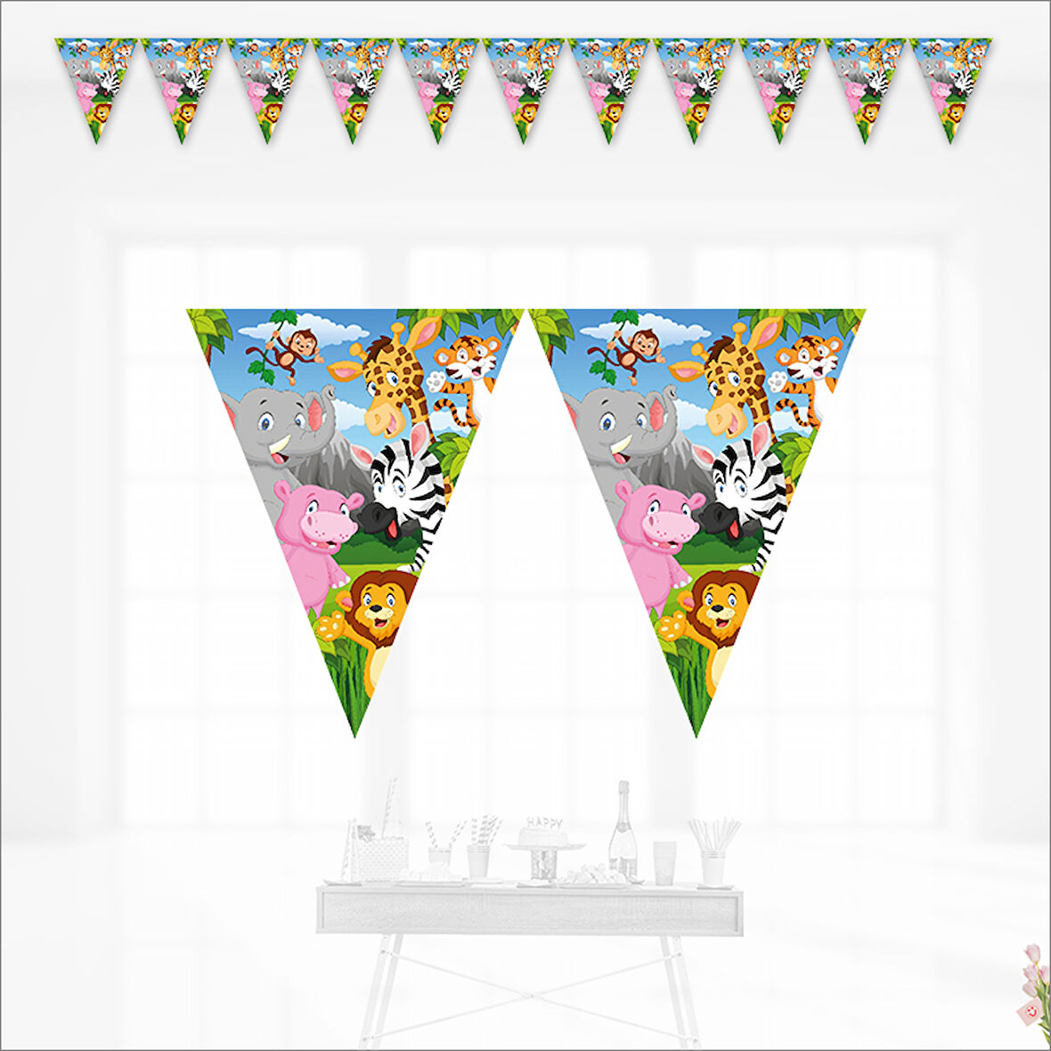 Safari Sevimli Hayvanlar Üçgen Bayrak Flama - 3,2 mt