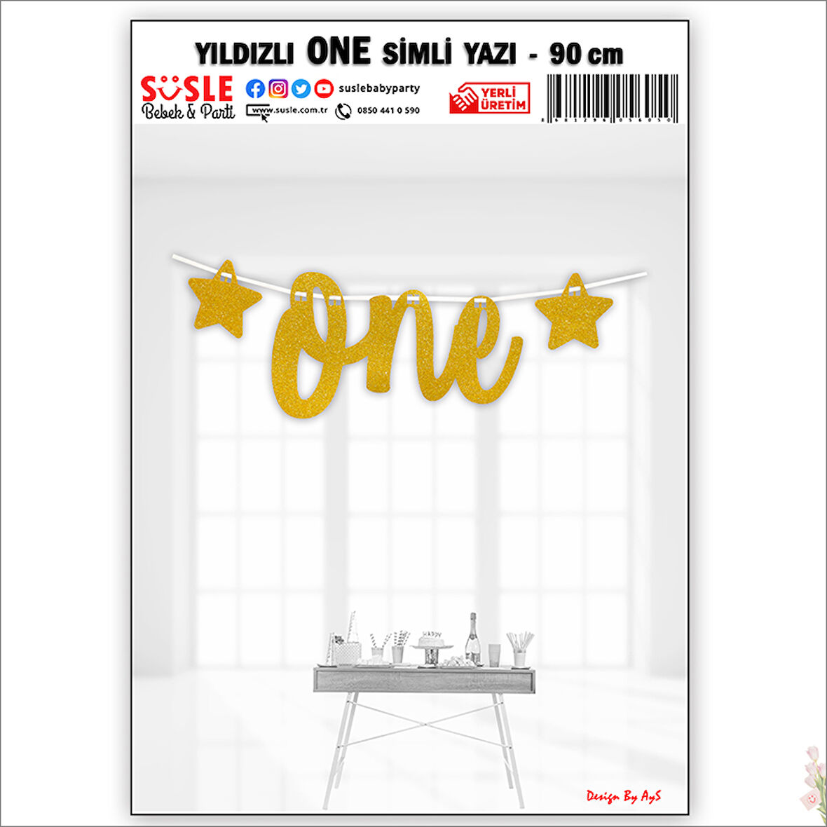 1 Yaş Yıldızlı One Yazı, 90 cm - Altın