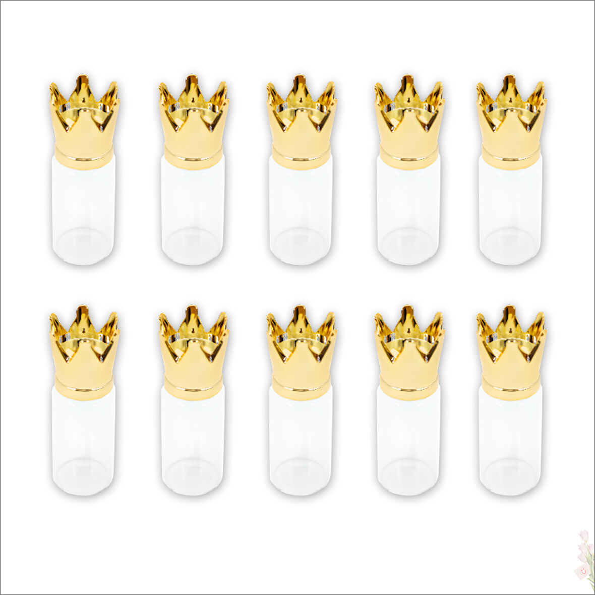 Cam Tüp Şişe 6,5cm x 2,2cm, Kral Tacı Altın Kapaklı-10 Adet